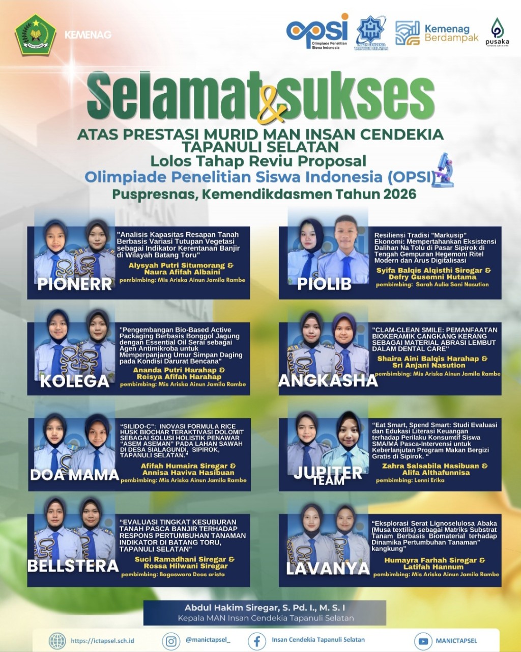 Lolos Proposal OPSI 2026, Delapan Tim Riset MAN IC Tapsel Menuju Kancah Nasional