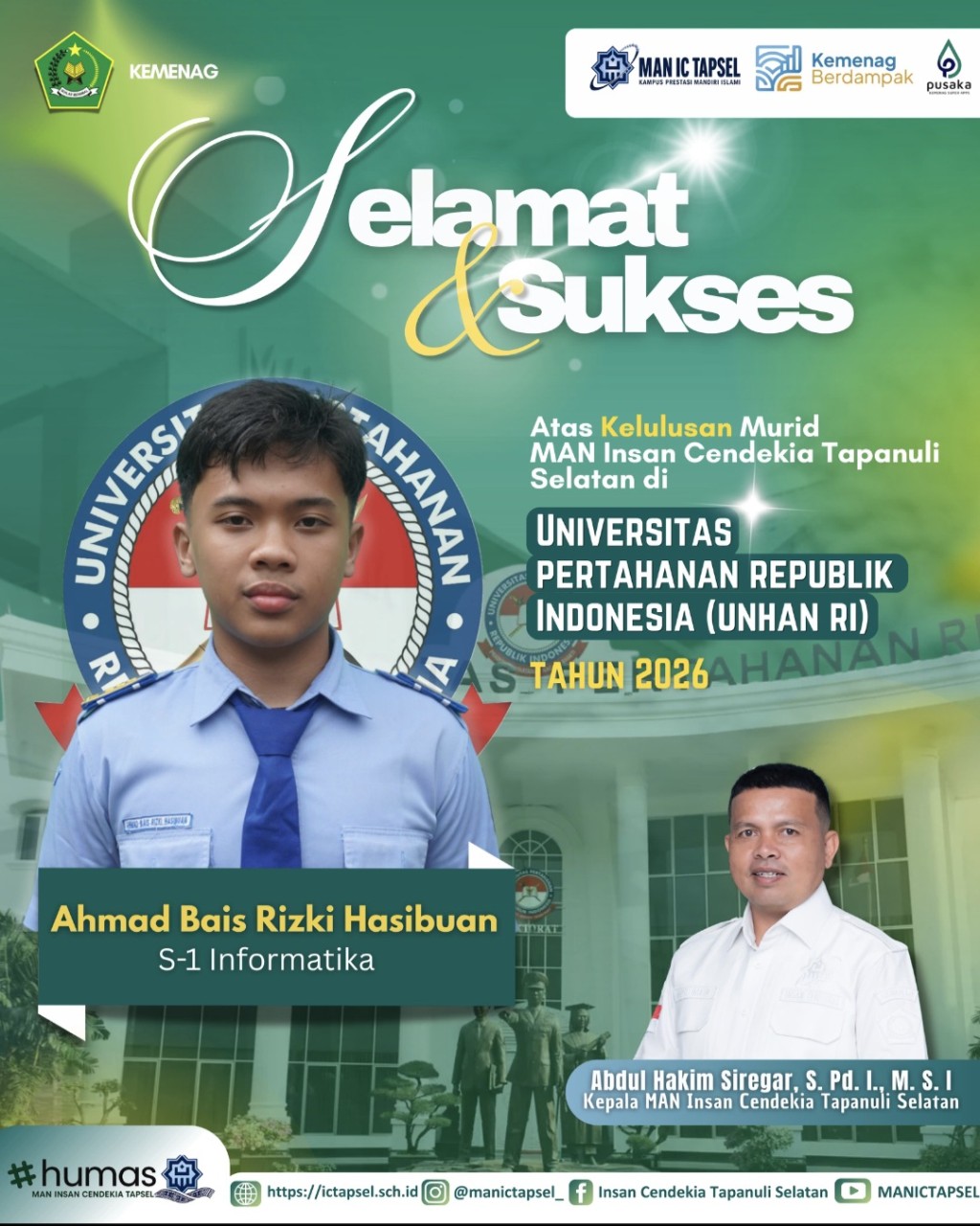 Bais Dari MAN IC Tapsel Masuk Universitas Pertahanan RI